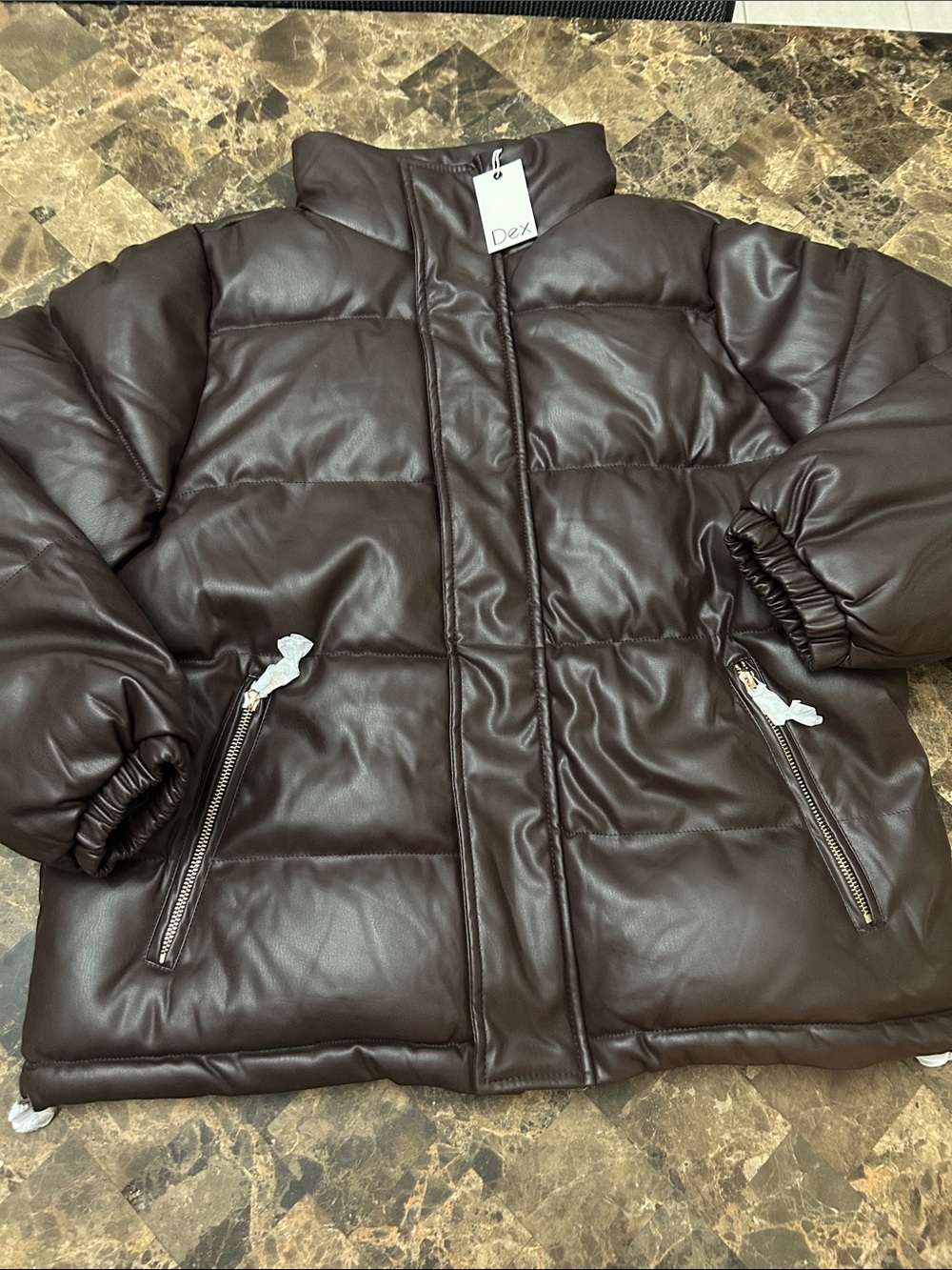 NWT 🆕 Dex Dark Brown Faux Leather Puffer Jacket size M